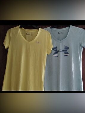 Under Armour v-neck tee shirt woman's small yellow and light blue